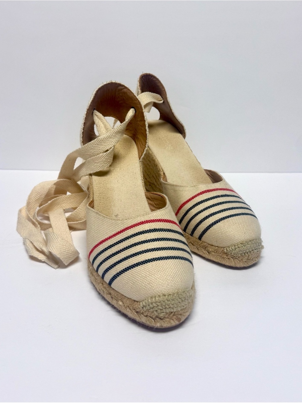 Soludos Canvas Espadrille Wedge with Ribbon Tie - Cream with Navy & Red Stripes